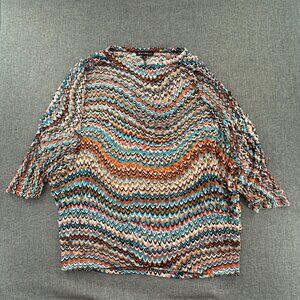 Unique Mechant Top Multicolor Medium Short Bat Sleeves Round Neck Zigzag cut Des